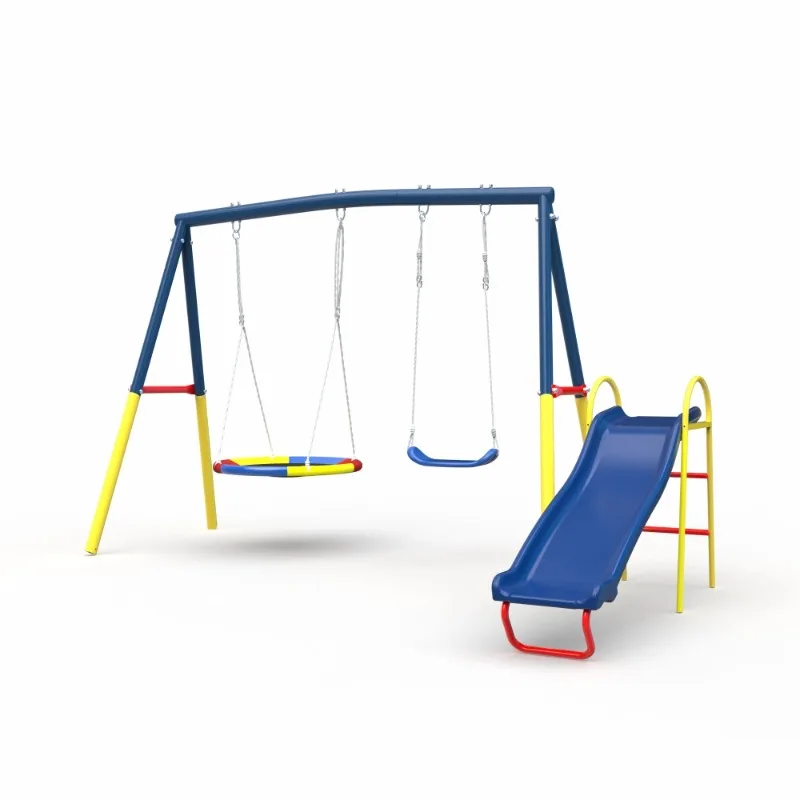 Conjunto de balanço duplo infantil com escorregador, pátio externo, balanço e combinação de slides, brinquedo multiactividade para crianças