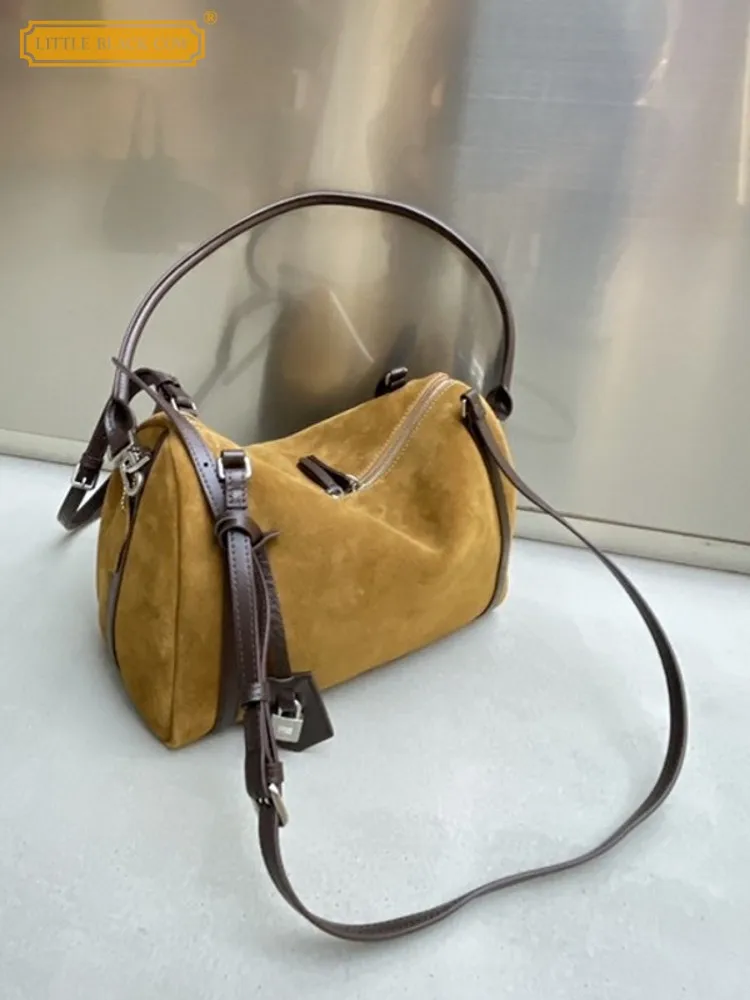 

New Female Designer Versatile Zipper Suede Split Leather Buckle Soft Single Shoulder Retro Office Ladies Underarm Crossbody Bag