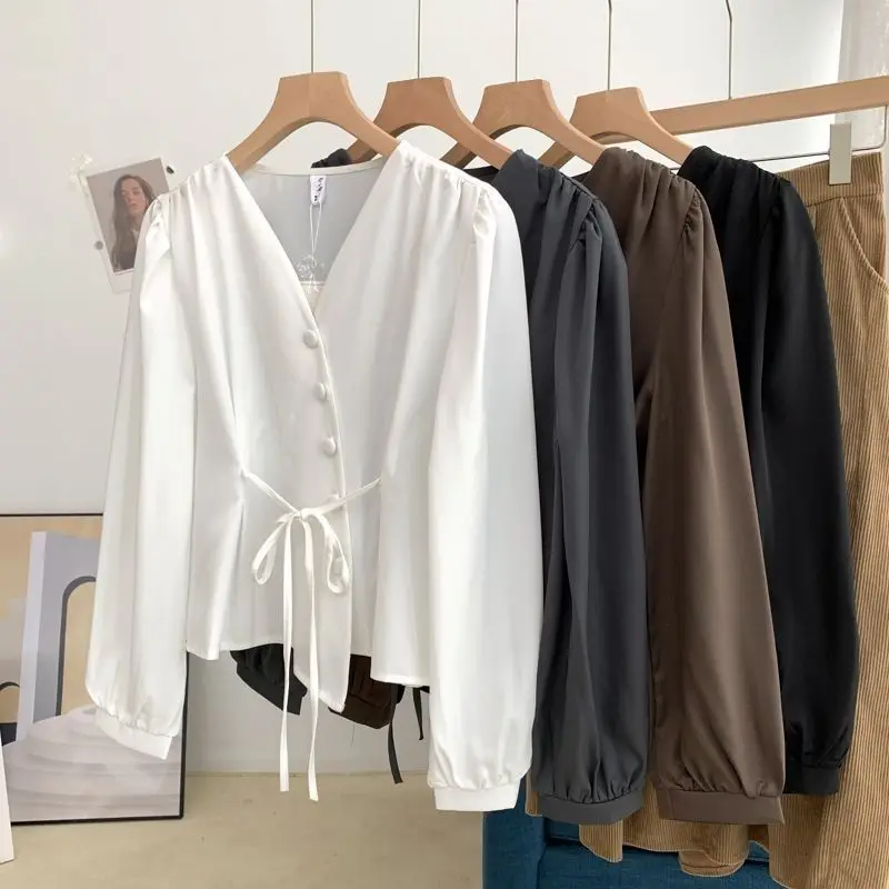 Spring Summer New Irregular Chiffon Blouse V Neck Solid Color Loose Lacing Shirt Tops Simplicity Fashion Women Clothing