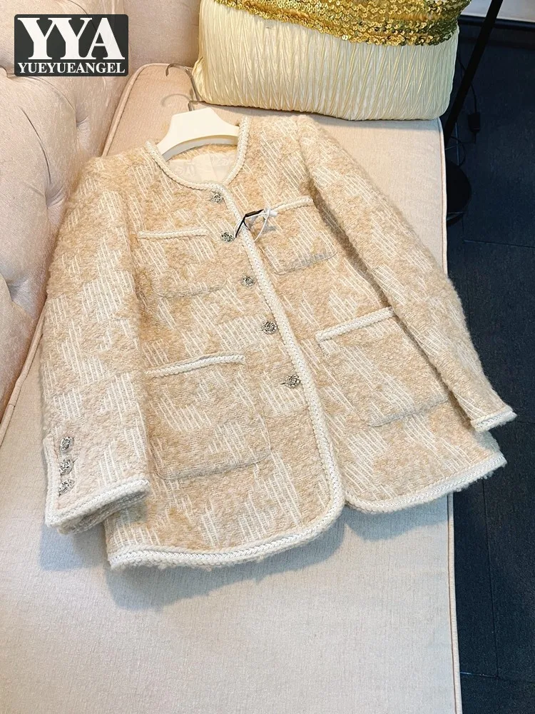 

Designer Women Autumn Vintage Wool Tweed Jacket Single Breasted Straight Office Ladies Woolen Coat Multi Pockets Floral Jackets