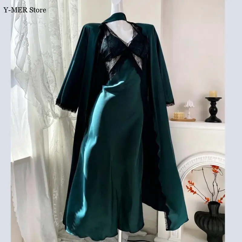 

Длинный кимоно-халат для сна, комплект из 2 предметов: ночная сорочка, сексуальное кружевное белье с открытой спиной, шелковая домашняя одежда, женская пижама