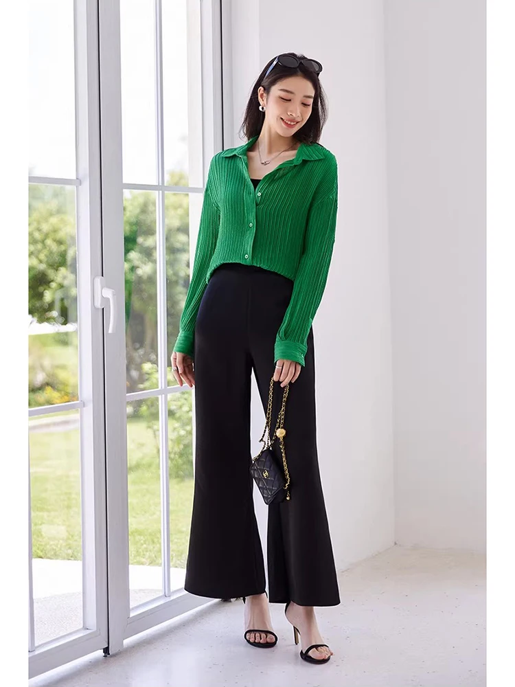 

Брюки-клеш с высокой талией из гладкой драпированной ткани с вертикальным эффектом драпировки для уверенных женщин, повседневные, со средней/низкой талией