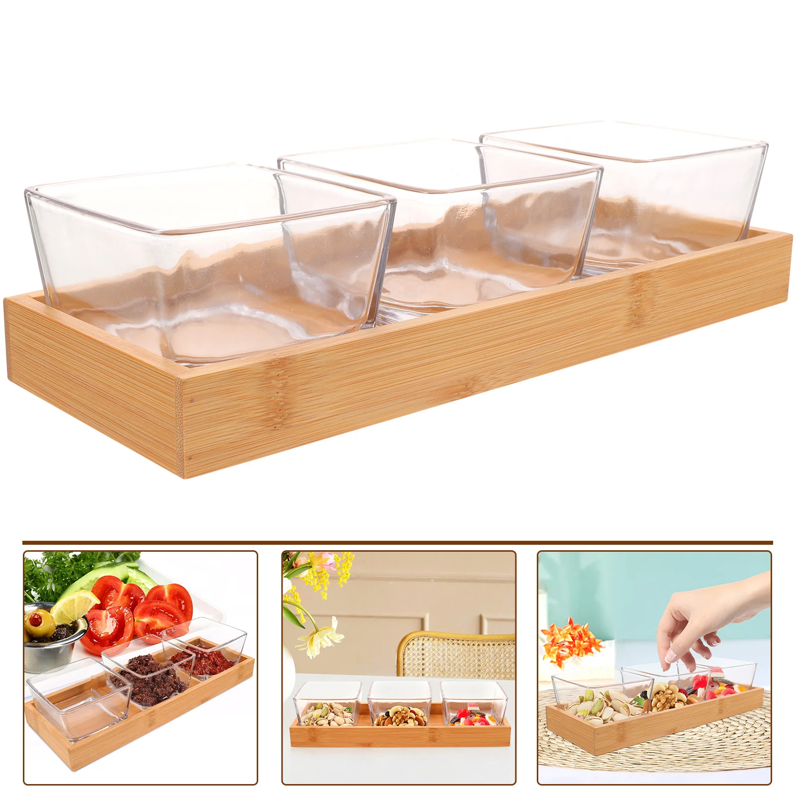 

Creative Fruit Snack Plate Bamboo Tray Glass Serving Dish For Candy Dessert Decorative Food Storage Bowl Kitchen