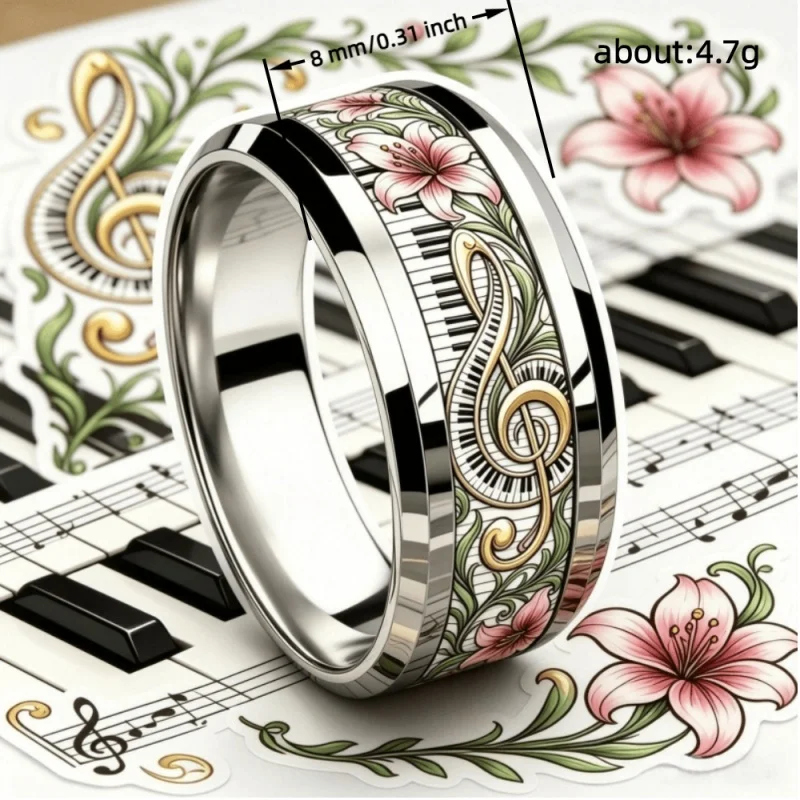 Huitan Music Theme Sticker Stainless Steel Ring for Women Clef Piano Key Floral Print Gentle Wedding Party Accessories Jewelry