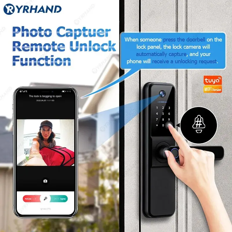 YRHAND H01 Fechadura Eletronica Tuya Wifi Digital Electronic Smart Door Lock With Biometric Camera Fingerprint IP66 Smart Lock