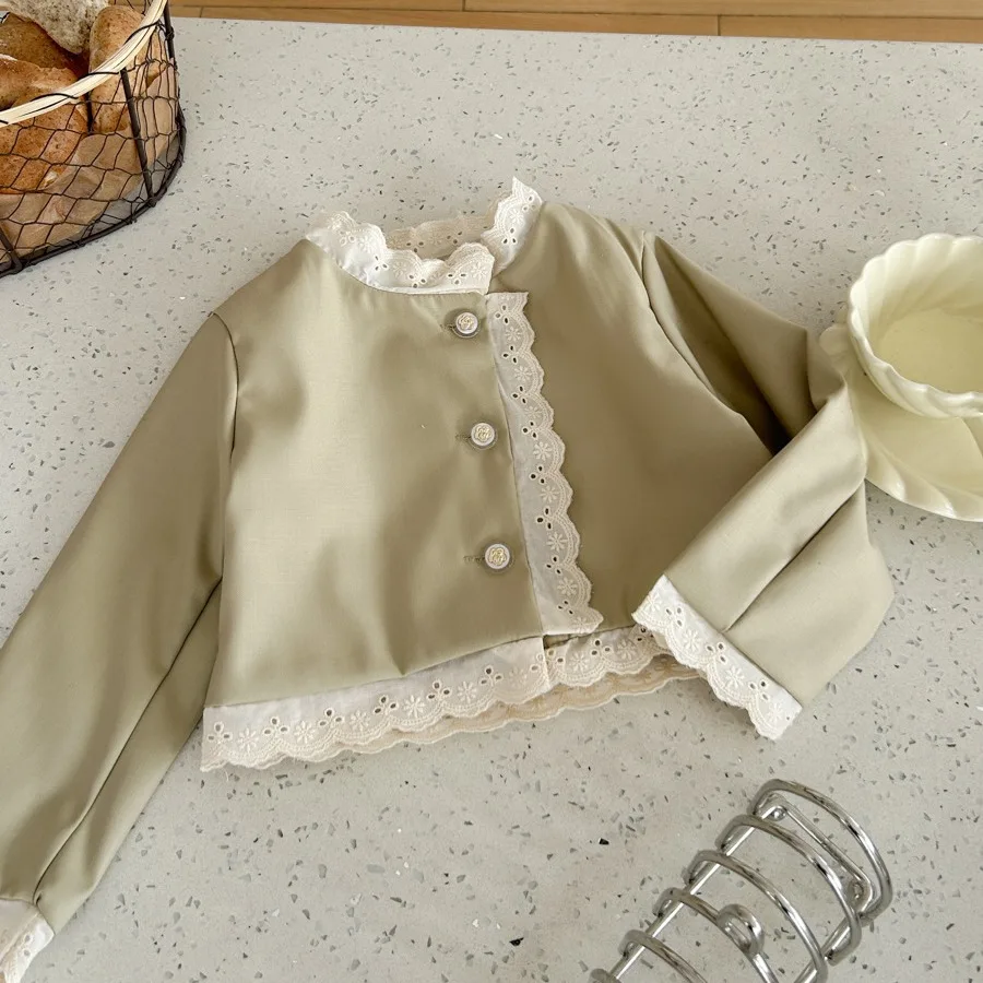 

Girls Coat Spring and Summer Korean Style New 2024 Children Clothing Sweet Foreign Style All Match Lace Cardigan Coat Top