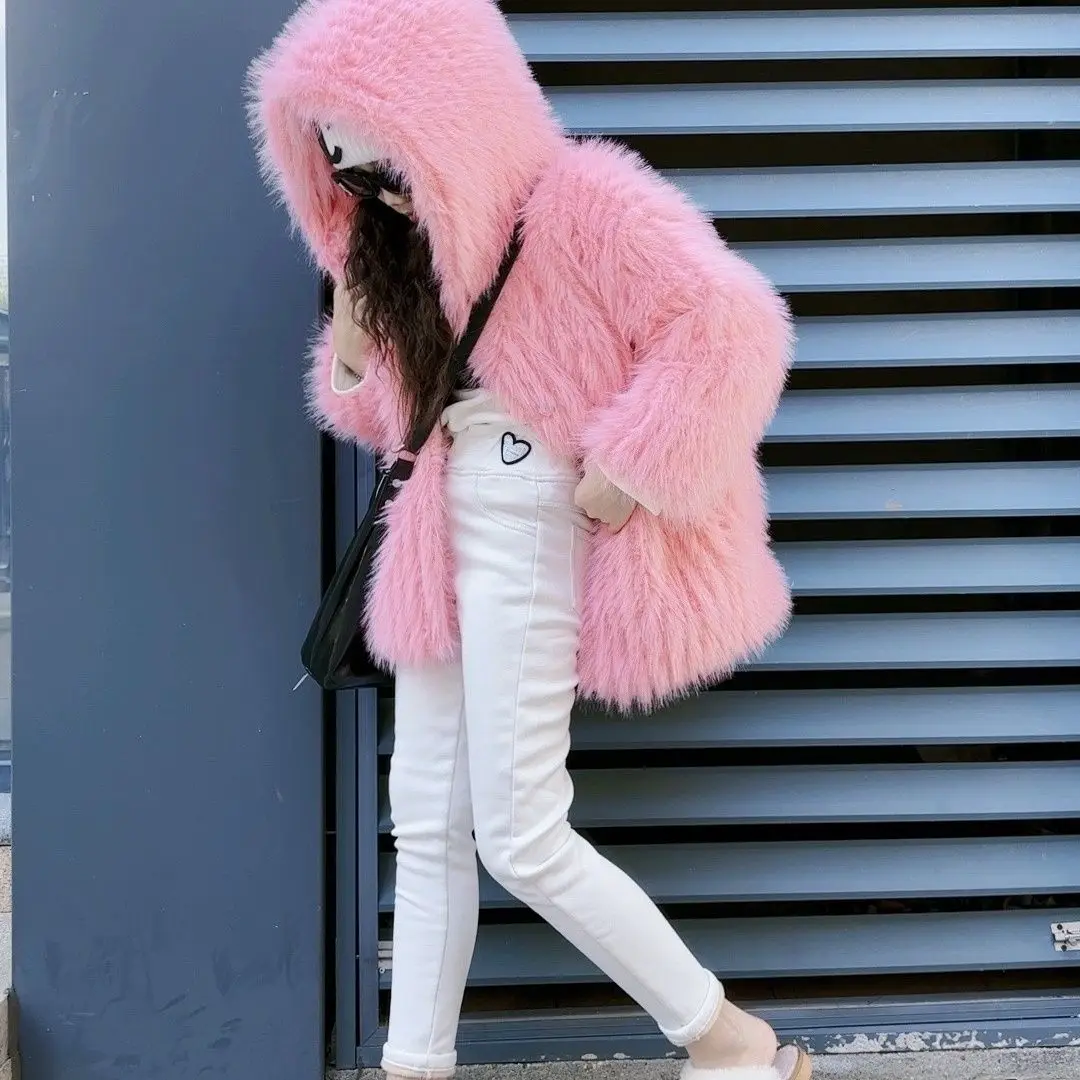 2025 Autumn Winter Children Fur Coat Children Hooded Hairy Korean Imitation Fur Coat Loose Medium To Long Style