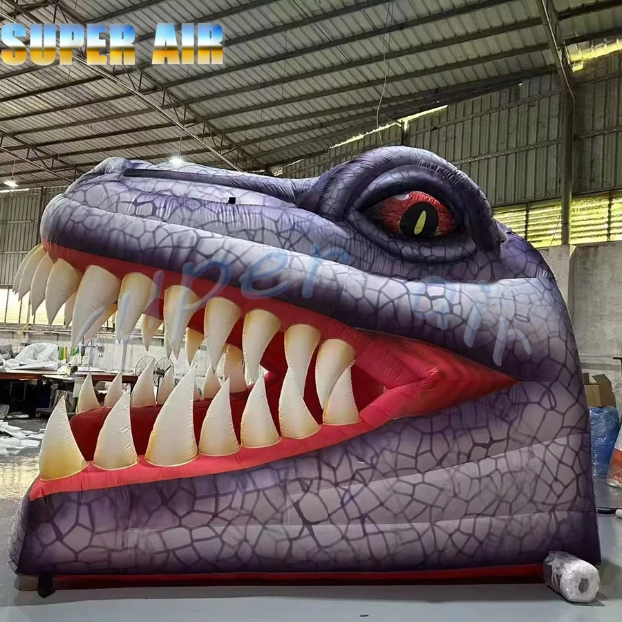 ตกแต่งสวนสนุกกลางแจ้งแบบกำหนดเอง เต็นท์อุโมงค์เป่าลมขนาดใหญ่ 4x4 เมตร หัวไดโนเสาร์เป่าลม