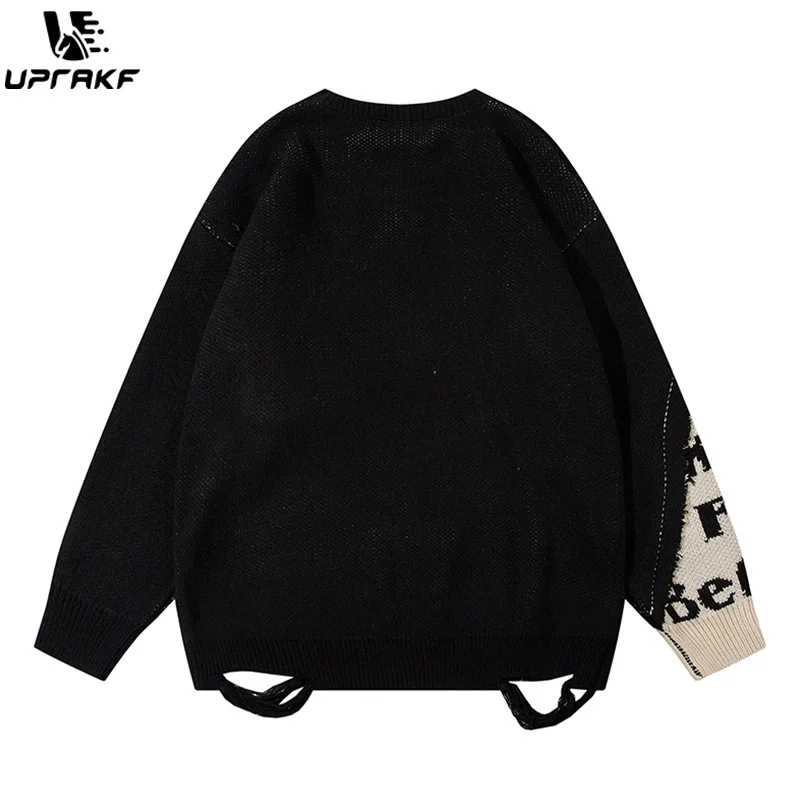 UPRAKF Star Embroidery Ripped Sweater Fashion Loose Round Neck Long Sleeves Warm Autumn Pullovers