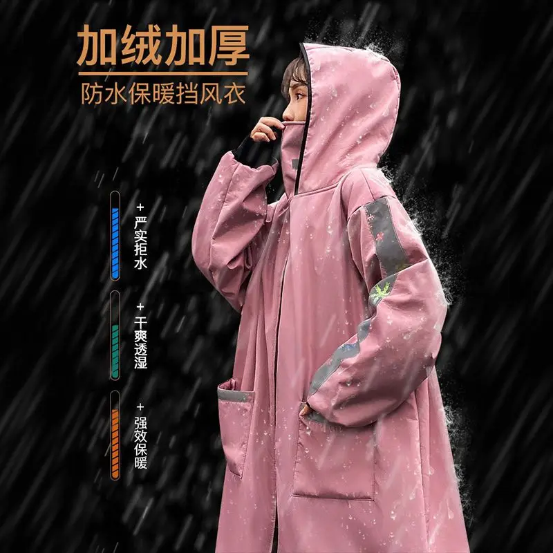 Winter Padded Thicken Warm Raincoat Fashion Hooded Windproof Waterproof Rain Poncho Outdoor Hiking Travel Fishing Long Rainwear