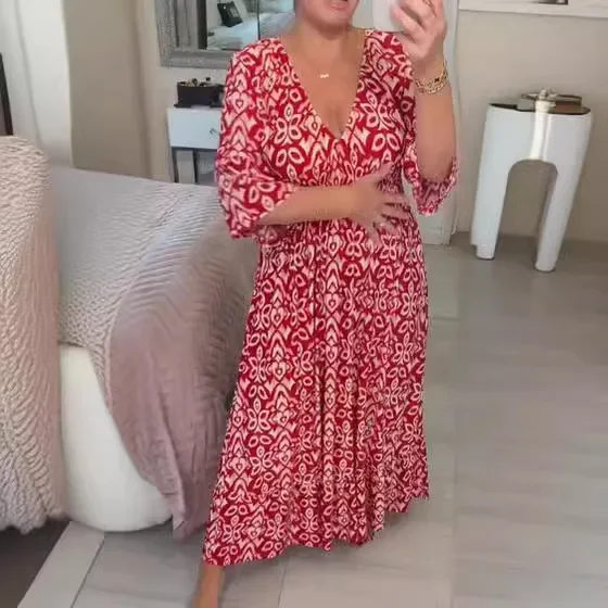 

New large size super fairy V-neck floral dress seaside vacation beach skirt loose long skirt in stock
