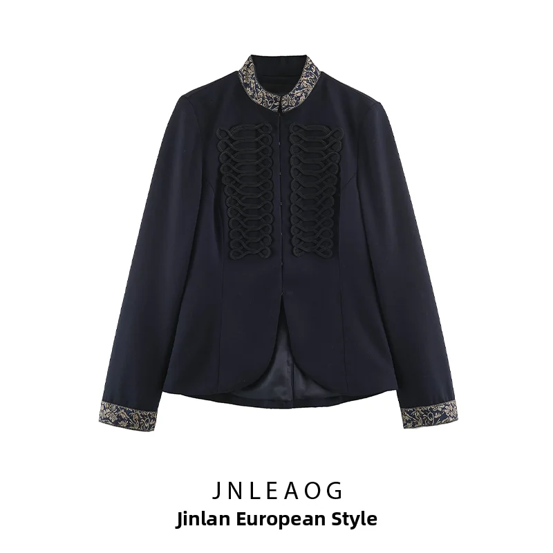 JNLEAOG Fashionable Embroidered Color Block Knot Button Jacket Women's Short Outerwear Standard Fit Polyester Autumn New Arrival