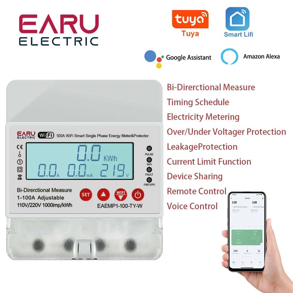 Tuya WiFi Smart Circuit Breaker Earth Leakage Over Under Voltage Protector Relay Switch Bi-Directional Energy Power kWh Meter