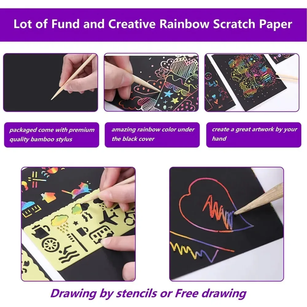 100PCS Rainbow Scratch Mini Notes Paper Pad Cards With Drawing Stencil Children Kids DIY Draw Painting Educational Toys Gifts