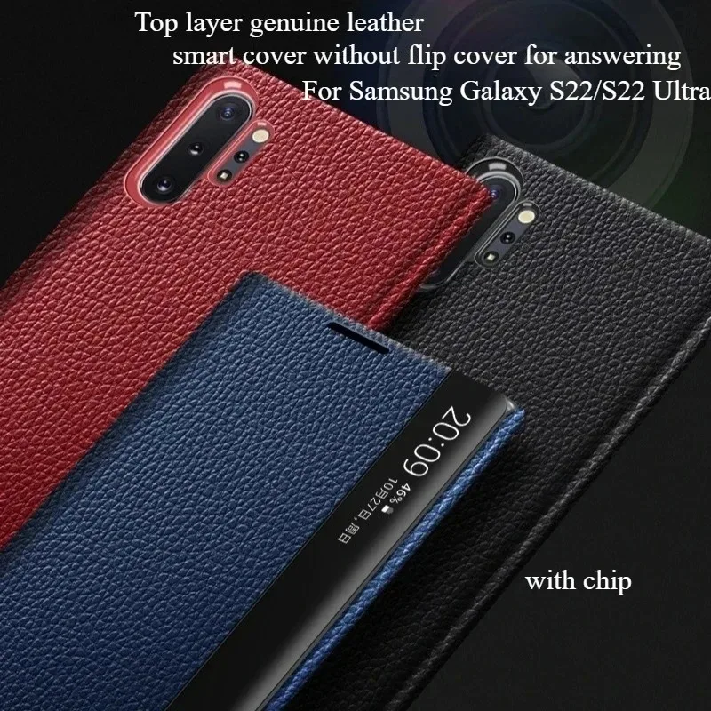 

Phone Case for Samsung Galaxy S22/S22 Ultra Genuine leather Leather Cases Free-flip Answer Calls Window View Smart Flip Cover