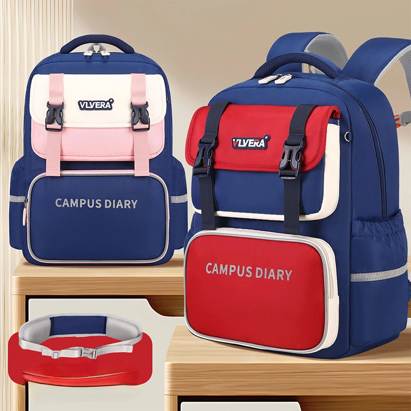 Mochila escolar para niños, de gran capacidad, ideal para estudiantes de primaria, con diseño de bloques de color, tipo bandolera, con múltiples bolsillos.