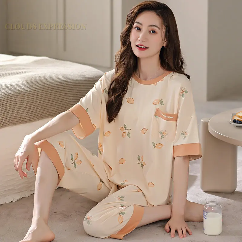 Summer M-5XL New PJ Female Pajama Sets Lattice Casual Nightwear Sets Women\'s Suit Capris Sleepwear Women\'s Home Clothes Fashion