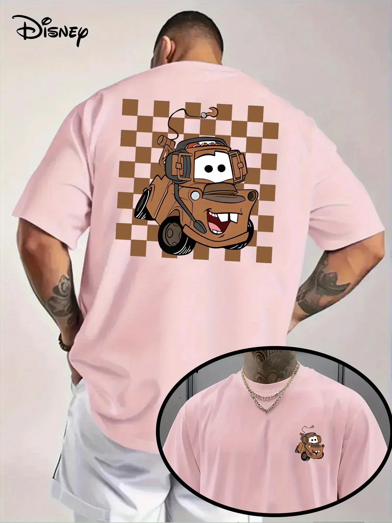 

Summer Men's Disney Cars Mater Pattern T-Shirt Daily Leisure and Theme Activities Wear Unisex Cotton Short Sleeve Oversized