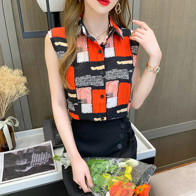 Temperament Casual Versatile Summer Women\'s POLO Collar Printing Button Fashion Office Lady Loose Sleeveless Chiffon Shirt Tops