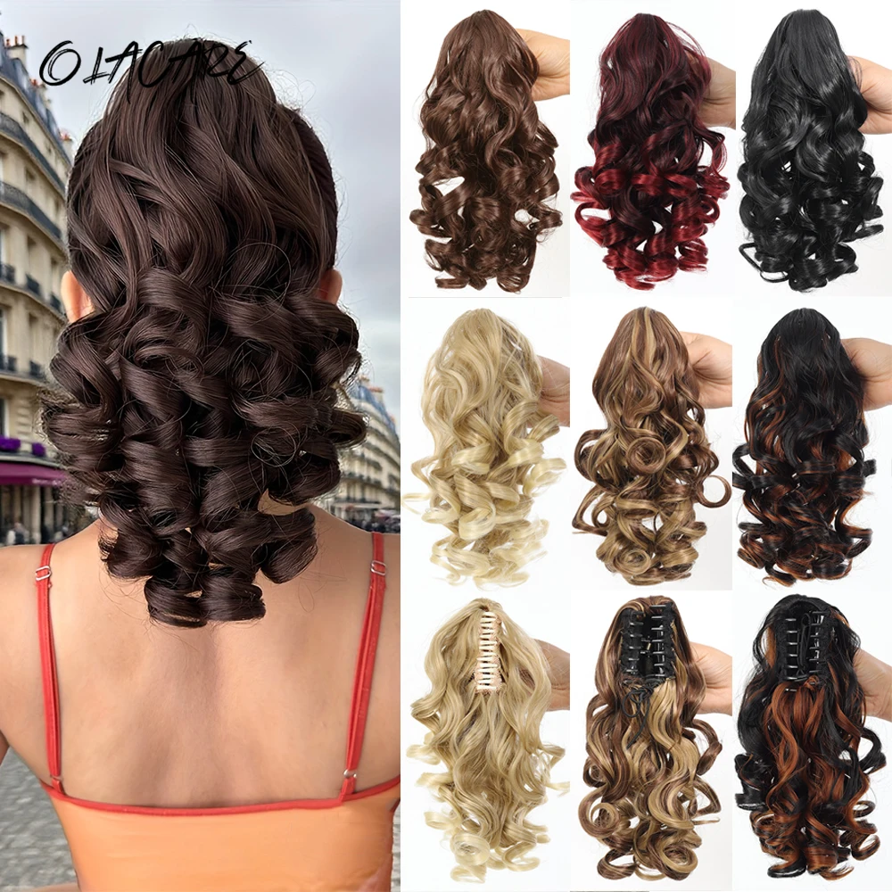 

OLACAR12Inch Synthetic Short Curly Claw Clip in Ponytail Hair Extension Daily Use Blonde Black Blonde Fluffy Hairpiece for Women