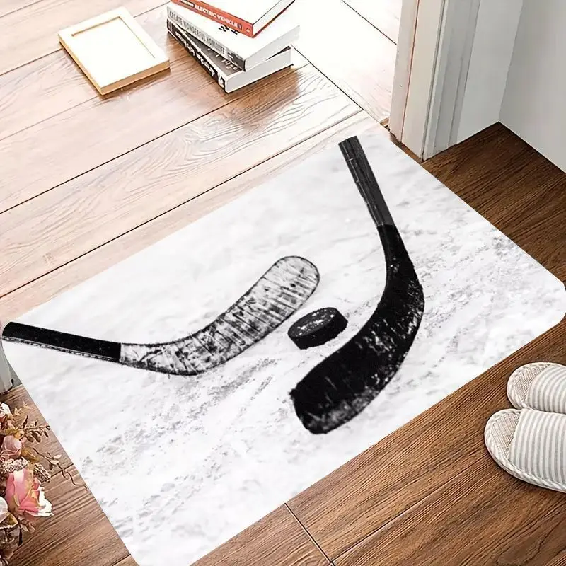 Ice Hockey Stick Door Mat, Black & White Puck Pattern, Sports Fan Welcome Rug, Non-slip Entrance Floor Mat, Game Room Decor