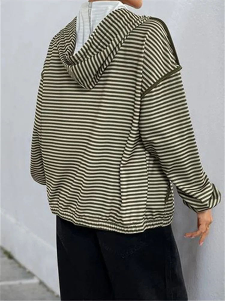 

Свободные повседневные куртки с капюшоном в полоску Dourbesty, топы для женщин, верхняя одежда на молнии с длинными рукавами, пальто, уличная одежда с карманами 2025