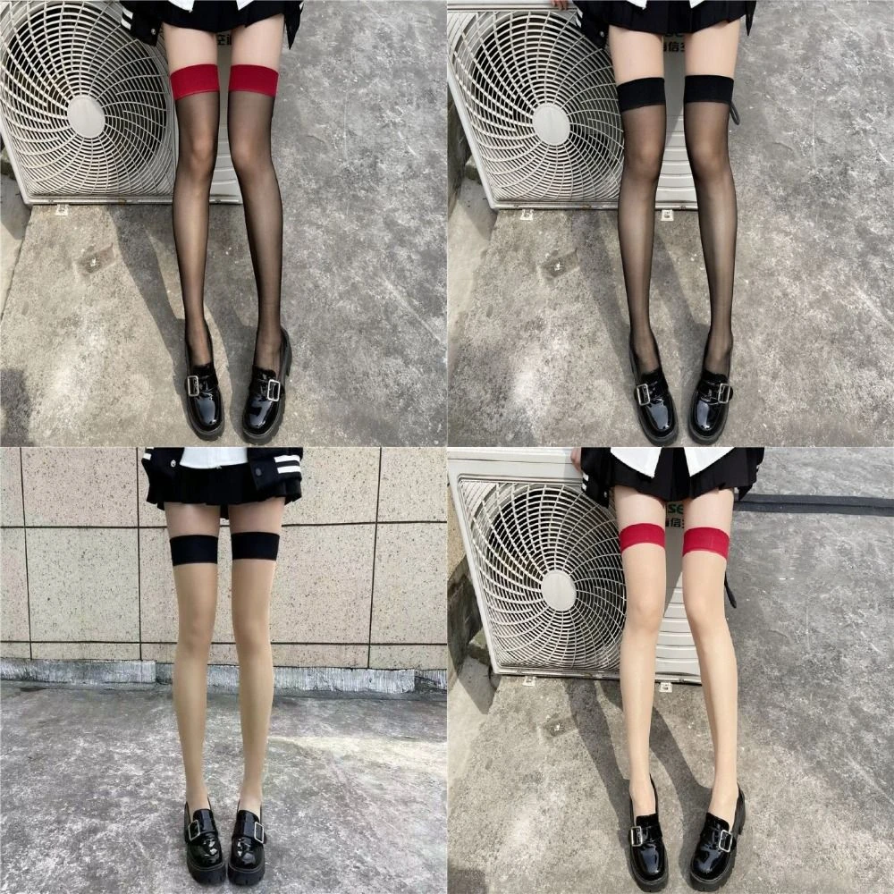 4Pairs Simple Transparent Above Knee High Socks Lolita JK Patchwork Thigh High Stockings Anti Slip Nylon Long Socks Girls