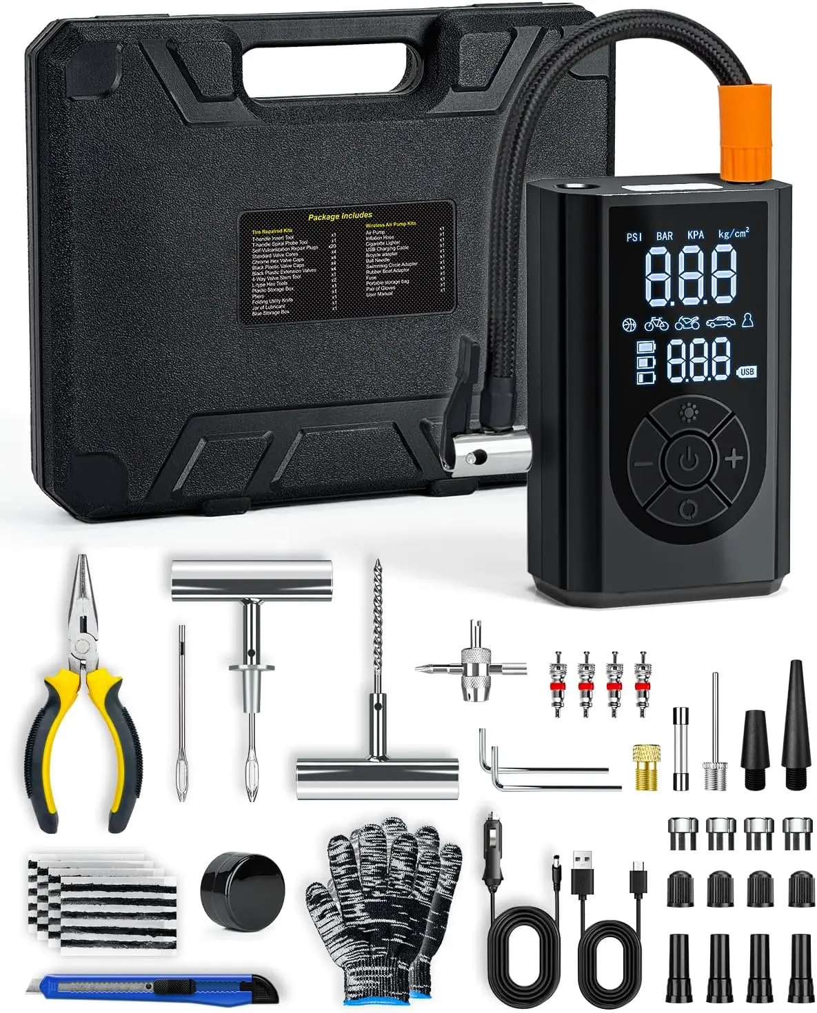 

Portable Tire Repair Kit with Cordless Air Compressor, 58PCS Plug Set for Cars and Motorcycles