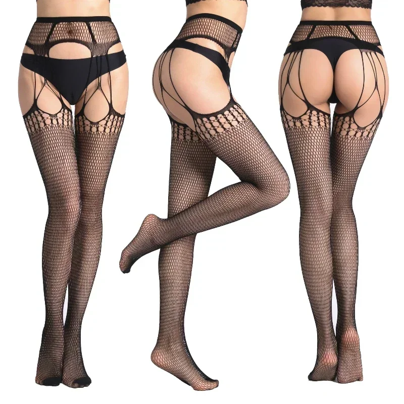 Women Black Stockings with Belt Set High Fishnet Tights Erotic Lingerie Sexy Pantyhose Floral Print Long Mesh Lace Stocking image 6