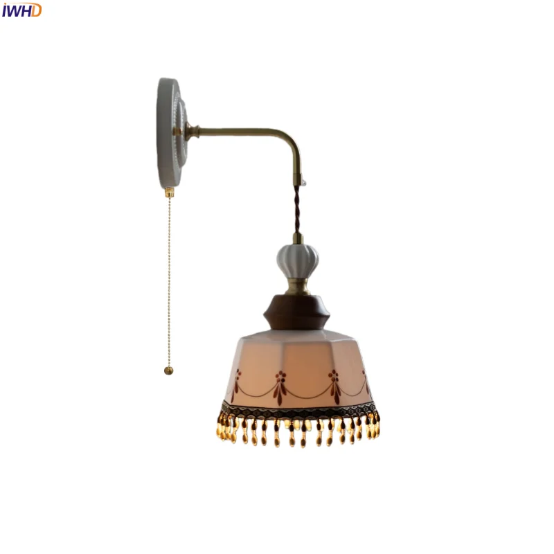 

IWHD American Vintage LED Wall Lights For Home Lighting Living Room Porch Kitchen White Ceramic Bedside Lamps Applique Murale
