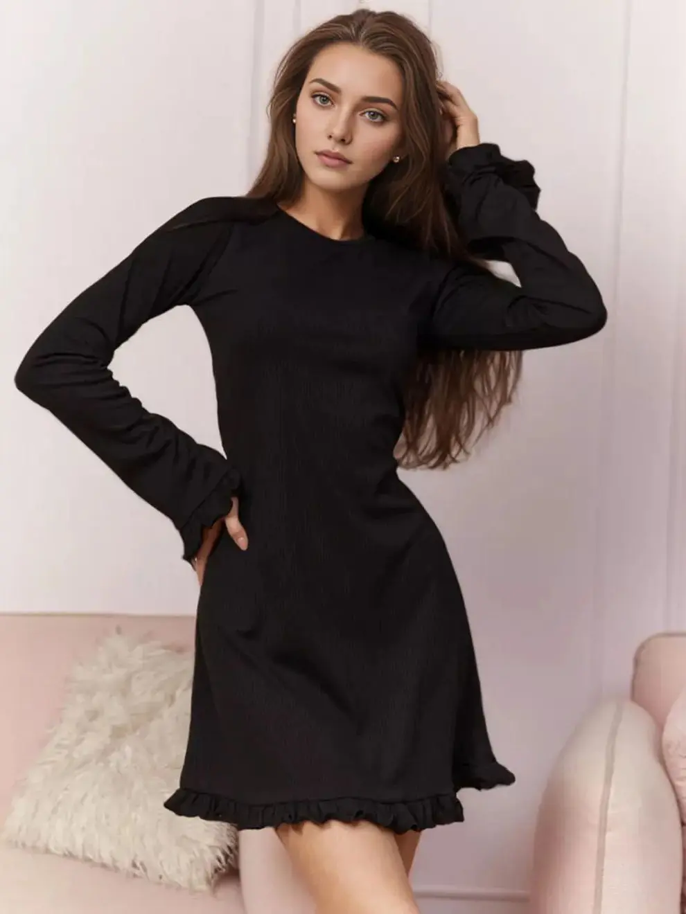 

Elegant Solid Black Casual Dress Women's Spring Summer O-Neck Long Sleeve Ruffles Edge Knee-Length A-Line Knitted Dress