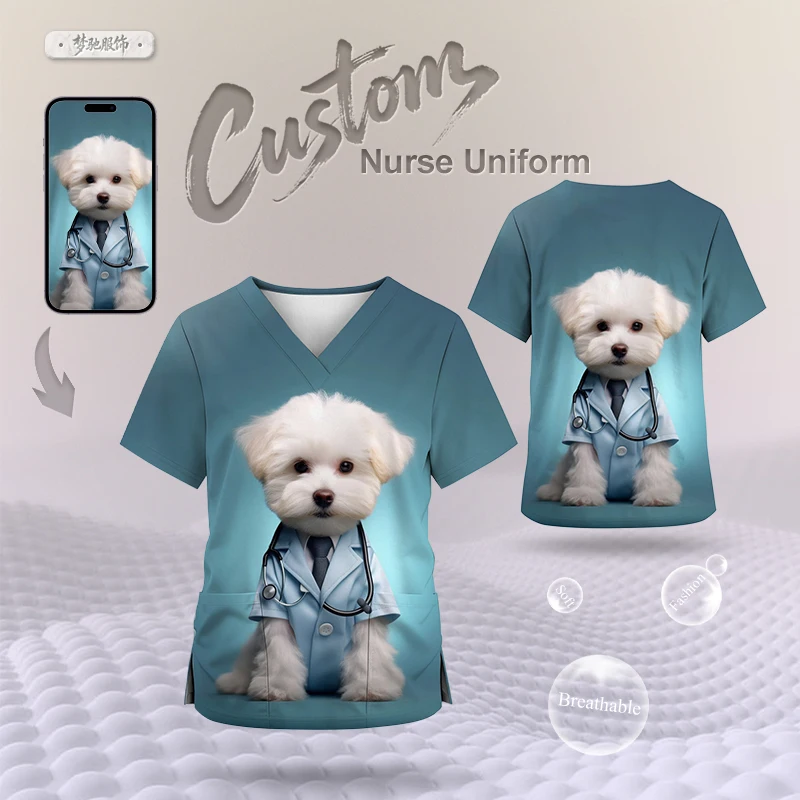 Customized Summer Nurse Uniform Fast Dry Short Sleeve Tops Loose Daily Workwear For Men and Women Vintage Personalized Pullover