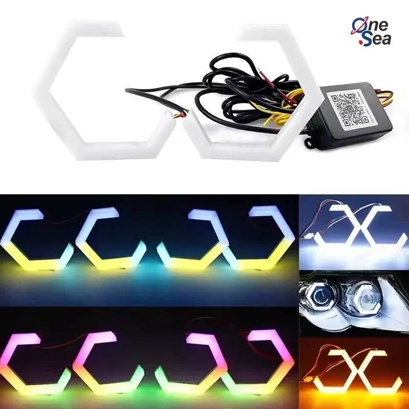 

2PCS RGB Hexagon Angel Eyes Halo Rings Retrofit Headlight Car Motorcycle White DRL+Amber Turn Signal Light APP Control 12V 24V