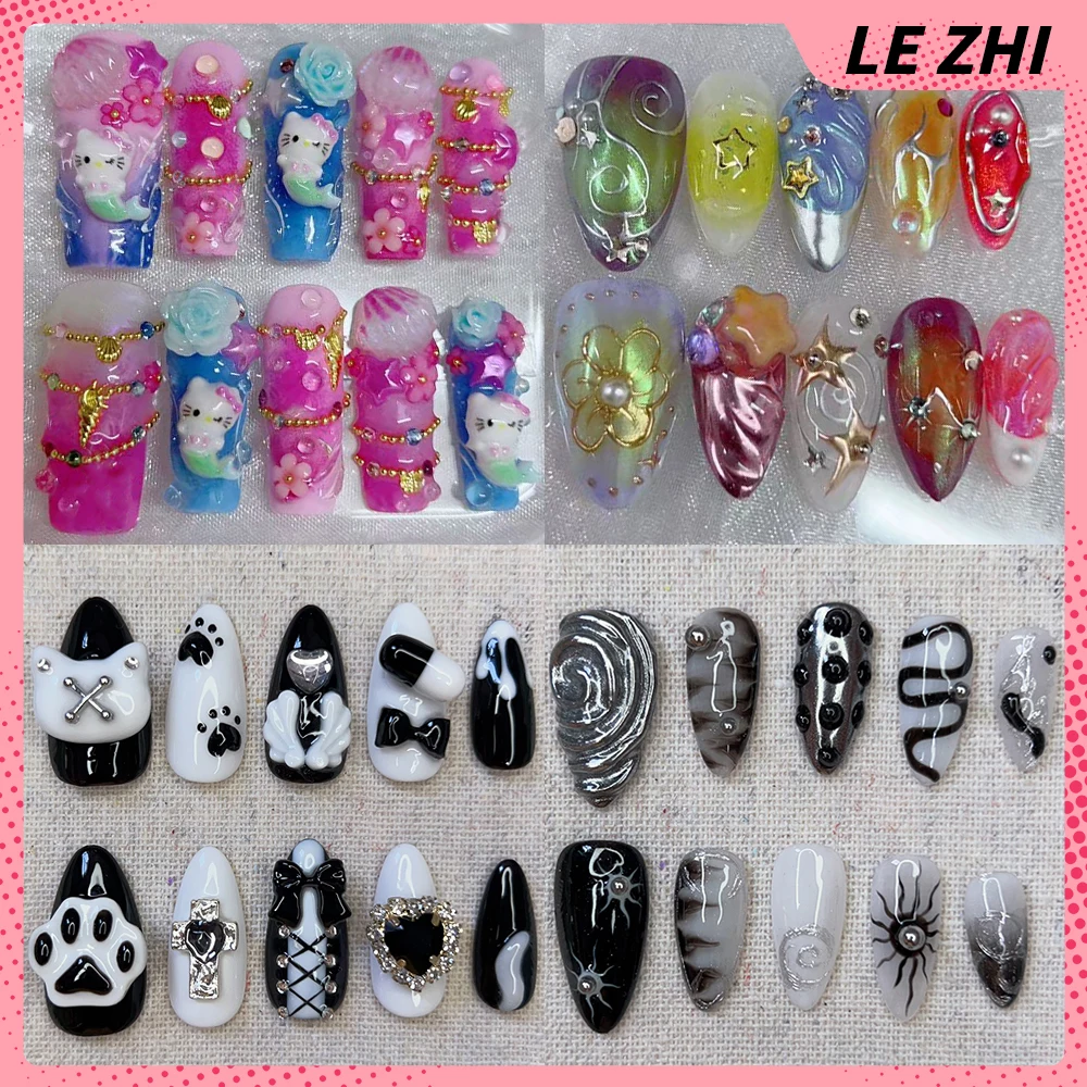 

10Pcs Spicy Girl Hello Kitty Handmade Almond Wearable Nails Party Sticker 3D Flower Diamond Cat Paws Bowknot Pearl Press On Nail