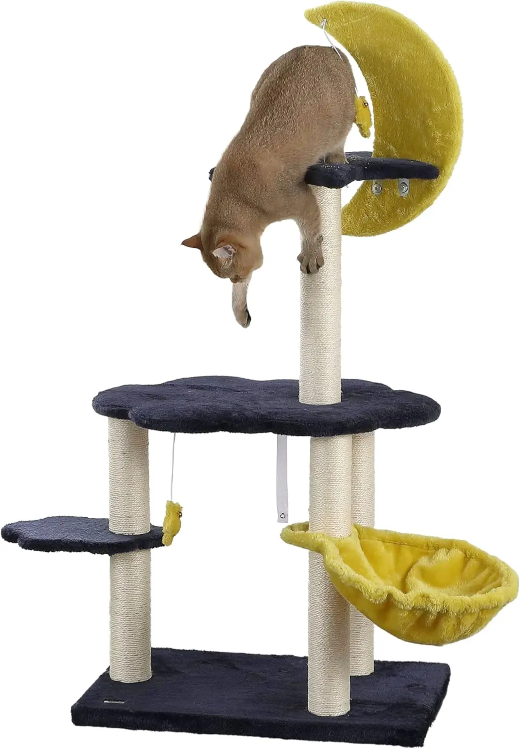 

49" 3-Tier Modern Sisal Moon and Stars Cat Tree with Scratching Posts, Basket, and Fuzzy Bell Toys, Navy/Yellow/White