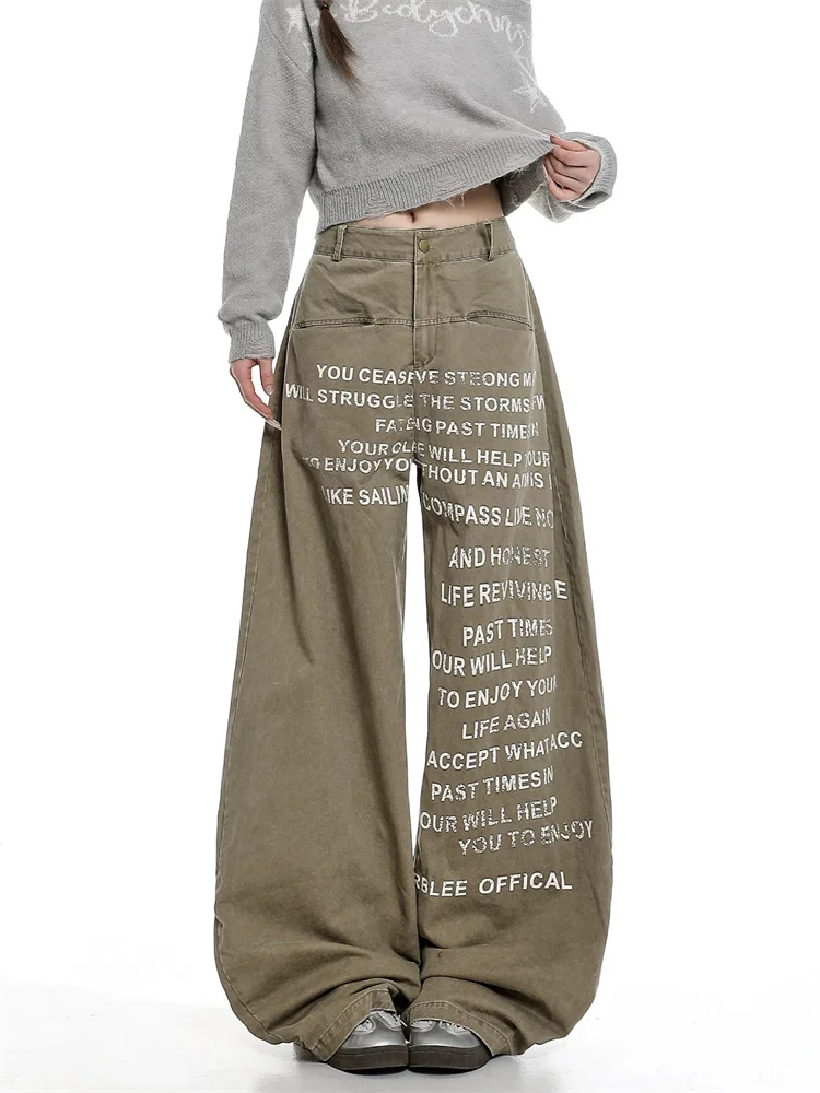 American Vintage Designed Letter Print Curved Hem Jeans for Women Autumn Relaxed High Waisted Slim Wide Leg Trousers