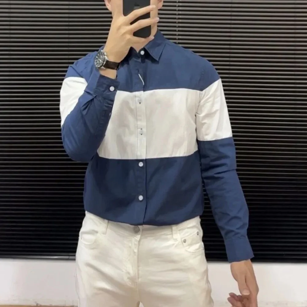 Mens Shirt Contrast Spliced Business Casual Office Shirts Autumn Trendy Daily Commute Style Versatile Slim Fit Top Men's Clothes