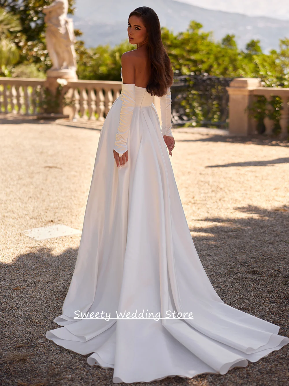 Cheap Wedding Dress Customized V Neck Long Sleeves Pleat High Split A Line Sweep Train Satin Bridal Gown Vestido Noiva