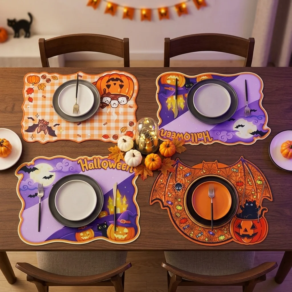 4/8pcs cartoon design Halloween placemats are suitable for Halloween family dinners and holiday parties