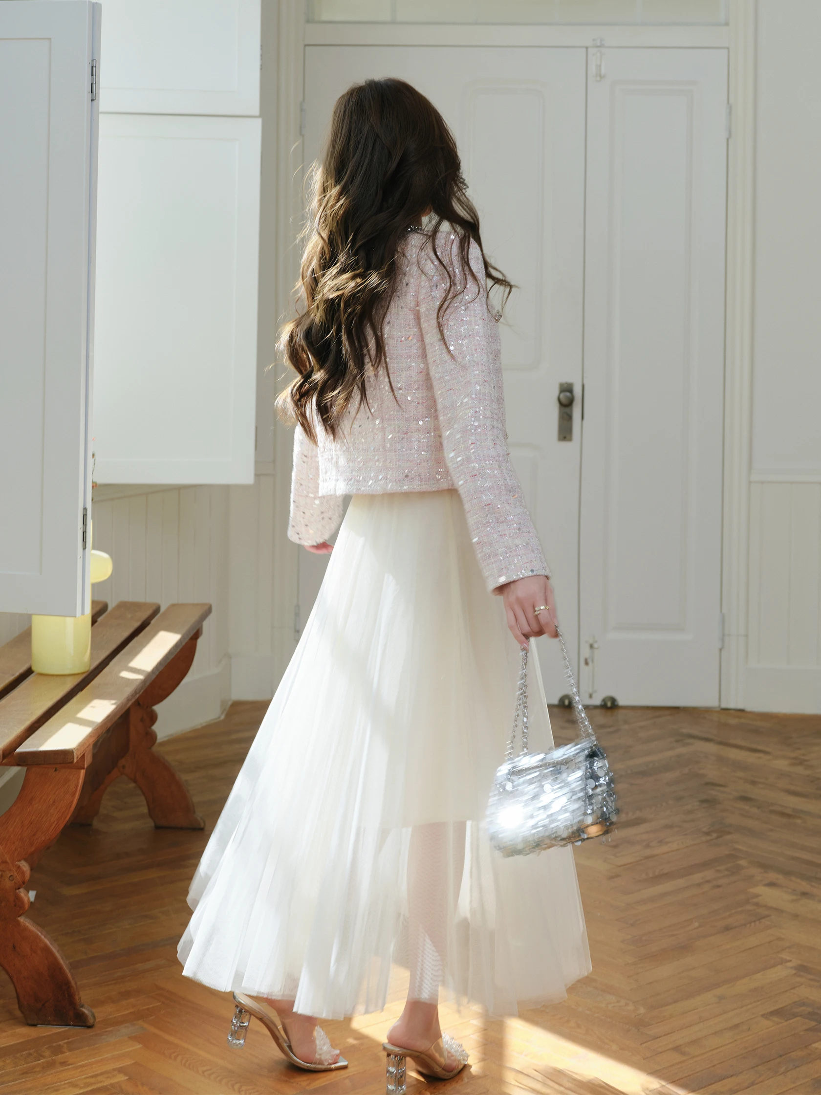 

Sweet Princess Style High Waist Lace Long Skirt Midi Skirt in Beige Color with Inner Nylon Fabric No Stretch A-Line Skirt