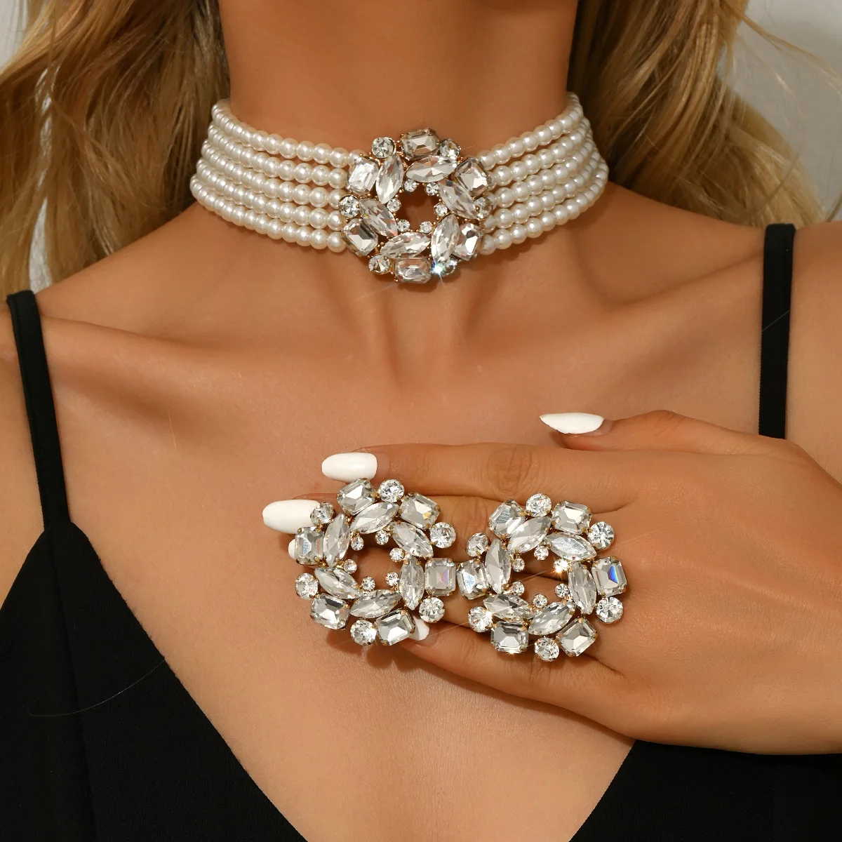 New Faux Pearl Rhinestone Necklace Earrings Set for Women Bridal Wedding Formal Multi Row Ornate Statement Bridesmaid Party Gift