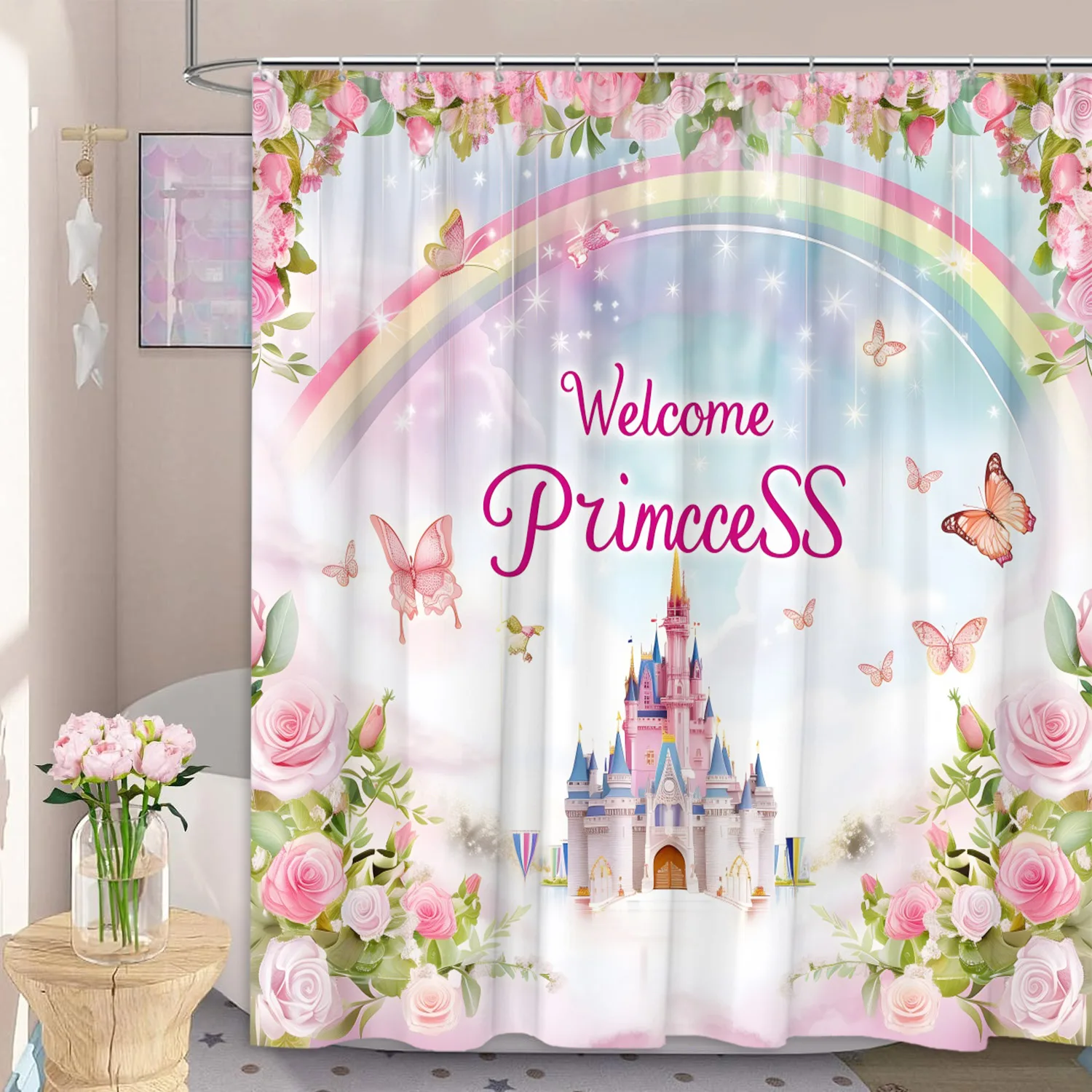 Girls Castle Shower Curtain Set Dreamy Princess Girl Pink Rose Flower Rainbow Butterfly Polyester Fabric Bathroom Decor Curtains