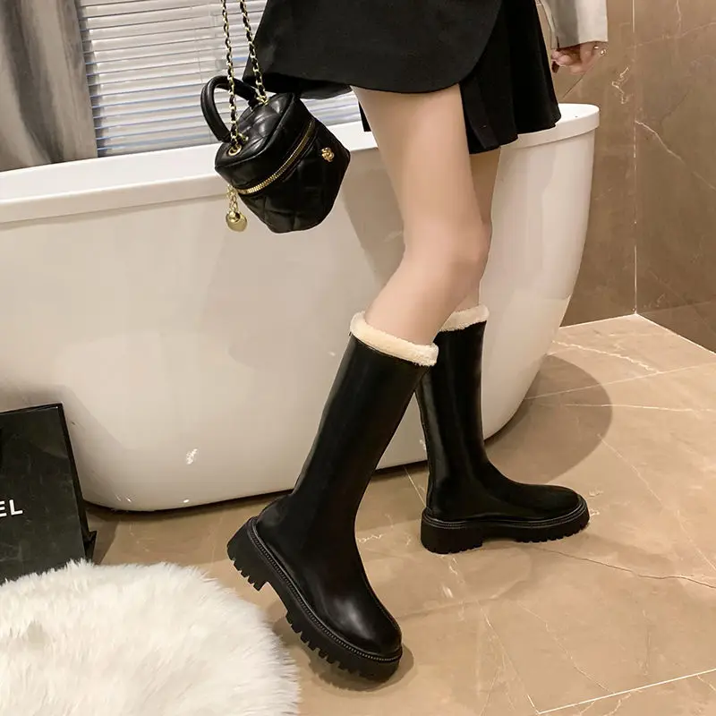 

Stripper Long Work Leather Black Snow Boots for Women Trend 2025 Sale Boot Plush Warm New Rock Lamb Winter Novelty Woman Shoes