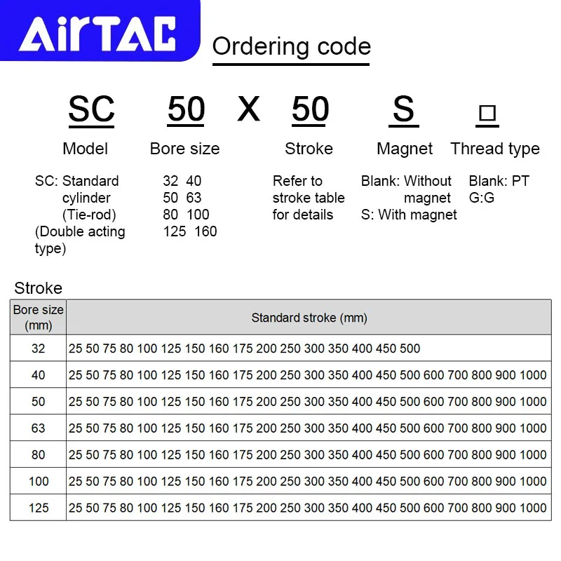 AIRTAC SC اسطوانة الهواء الهوائية القياسية SC32/40/50/63/80/100/125/160 مللي متر 25/50/75/100/200/300/400/500 مللي متر السكتة الدماغية مزدوجة التمثيل