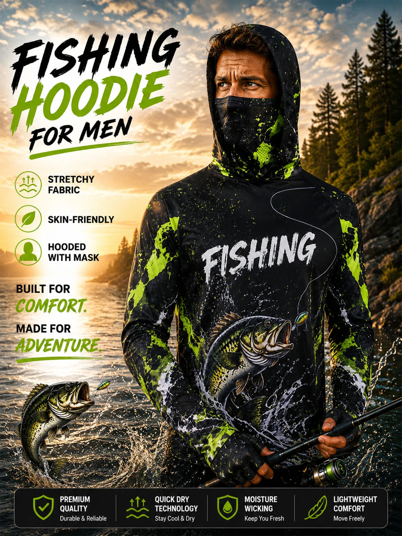 Men's Quick-Dry Fishing Sun Hoodie with Face Mask Neck Gaiter UV Protection Breathable Anti-Mosquito Outdoor Hooded Sportswear