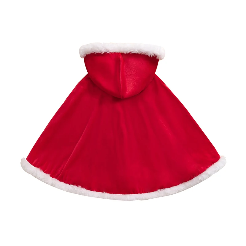 Christmas Red Velvet Cloak for Girls Contrast Color Fuzzy Trim Hooded Cape Cosplay Costume