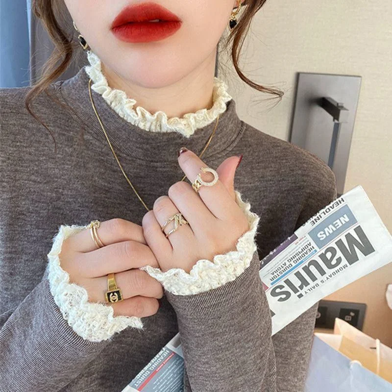 

Half Turtleneck German Velvet Lace Bottoming Women's Autumn and Winter New Warm Long-sleeved Top