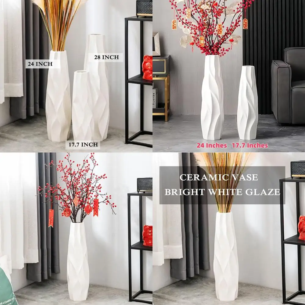 

24 White Ceramic Floor Vase for Modern Decor, Living Room, Office | Ideal for Pampas Grass & Flowers