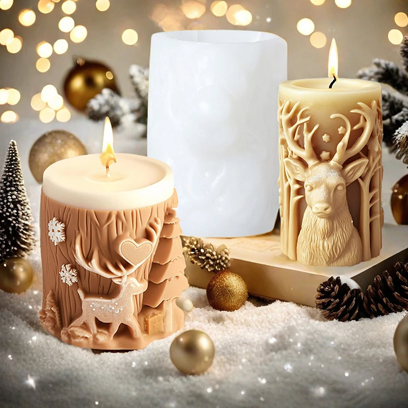 New Christmas Tree Carving Pattern Cylindrical Candle 3D Silicone Mold Reindeer Snowflake Cylindrical Elk Candle Mold Xmas Gift