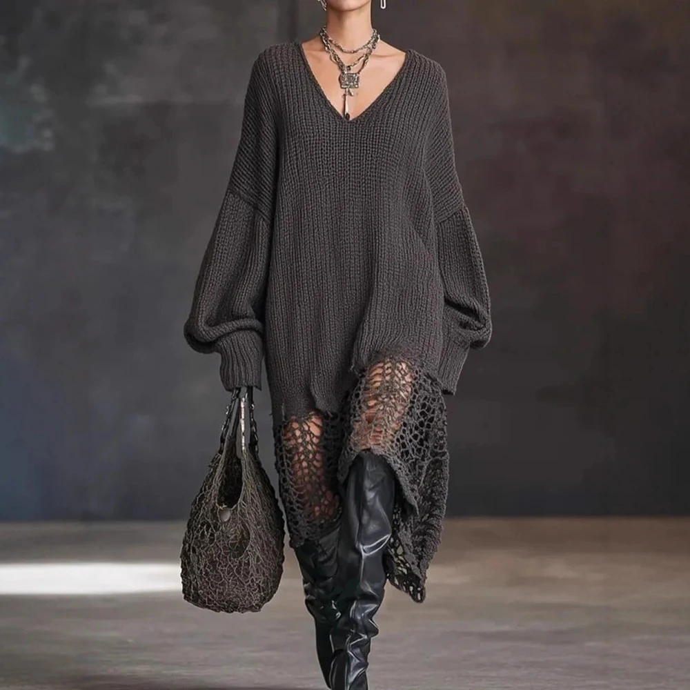 Damen Oversize V-Ausschnitt Strickkleid, Locker Geschnittener Pullover mit Langen Ärmeln, Unregelmäßigem Saum, Vintage Streetwear Jumper Kleider